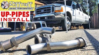 2001 F350 73  RiffRaff UpPipes Install  Stock up pipes leaking and falling apart JUNK SP [upl. by Publias]